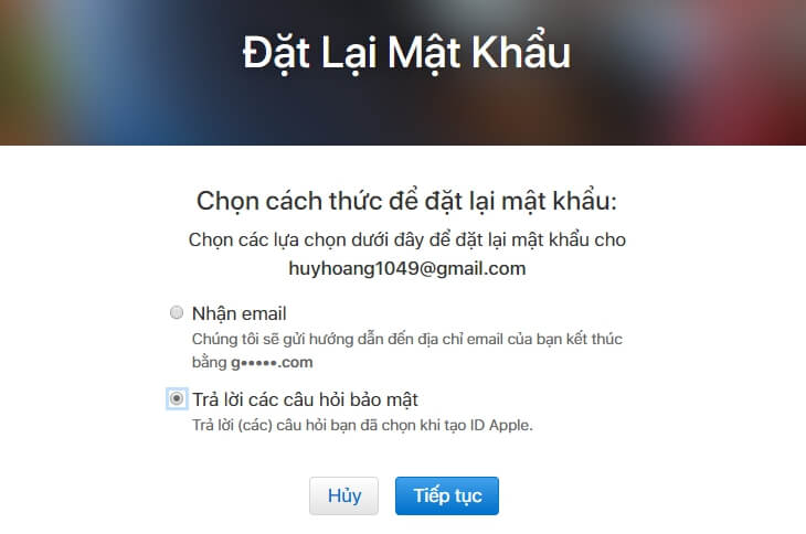 Chọn “xác thực qua email”