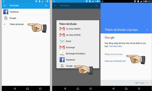Chọn Thêm tài khoản > Google 