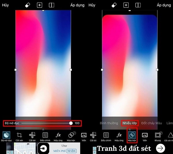 Chỉnh chế độ mờ đục lên 100 và chọn chế độ nhiều lớp trong mục Hòa trộn