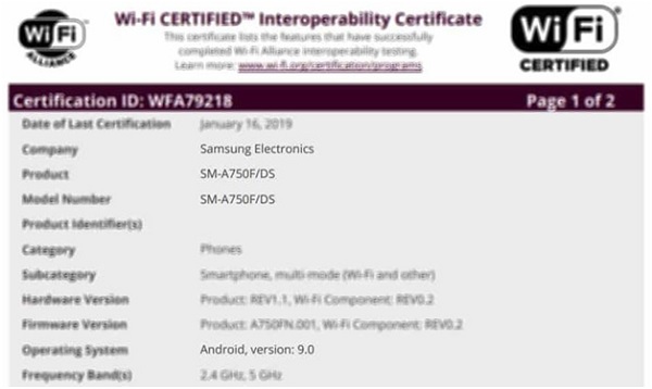 Galaxy A7 2018 được Liên minh Wi-fi Hoa Kỳ chứng nhận với Android 9 Pie Galaxy A7 2018 được Liên minh Wi-fi Hoa Kỳ chứng nhận với Android 9 Pie