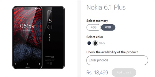 Nokia 6.1 Plus phiên bản RAM 6GB có giá 18,499 INR
