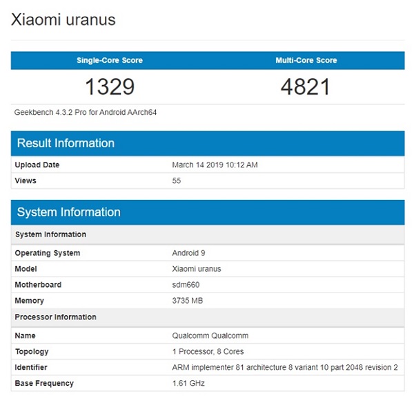 Một sản phẩm có tên Xiaomi Uranus cũng xuất hiện trên Geekbench với điểm hiệu năng tương tự.