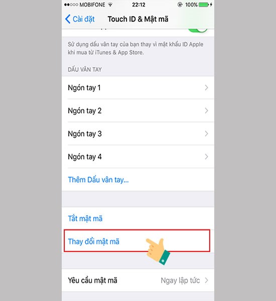 Chọn thay đổi mật mã để cài mật khẩu khác cho điện thoại.
