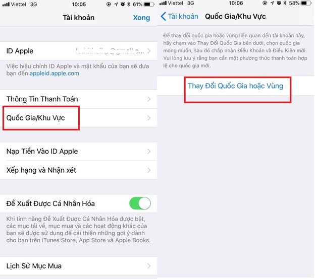Thay đổi Quốc Gia hoặc Vùng