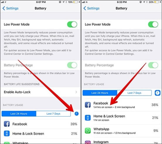 Nhấn vào biểu tượng đồng hồ để kiểm tra ứng dụng iPhone tốn pin nhất trong 24 giờ hoặc 7 ngày qua