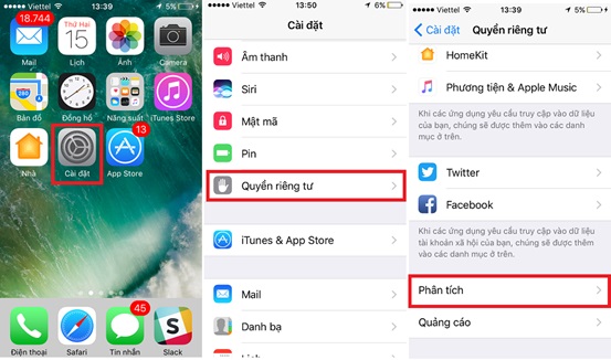 Cài đặt > Quyền riêng tư > Phân tích