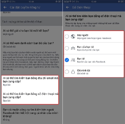 Chọn chế độ Bạn bè khi có ai đó muốn tìm bạn bằng số điện thoại hoặc email