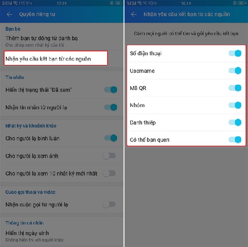 Bạn có thể tắt những mục không cần thiết trong chế độ Nhận yêu cầu kết bạn từ các nguồn