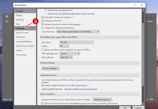 Sau đó chọn mục Options