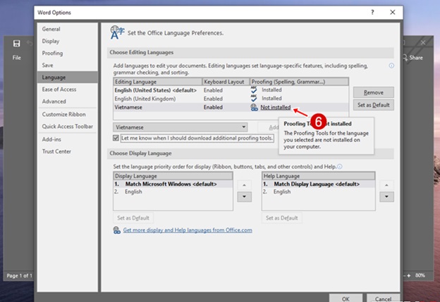 Lúc này, ngôn ngữ vừa chọn sẽ xuất hiện ở ô phía trên, tiếp tục nhấn chọn chế độ Not installed