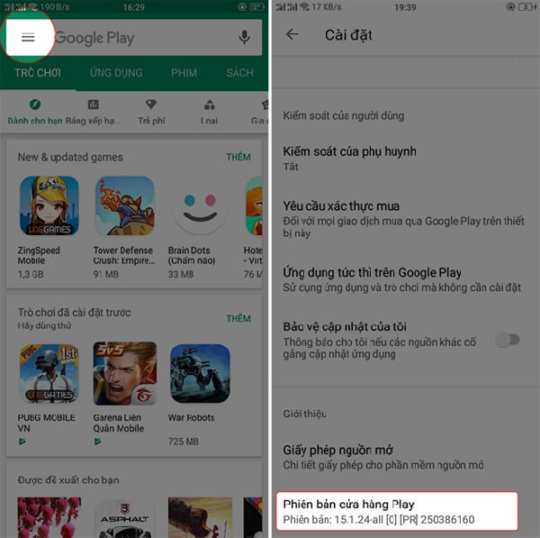 Kiểm tra phiên bản cài đặt Google Play