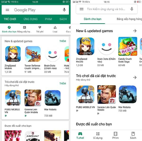 Giao diện mới của Google Play bên phải, cũ bên trái