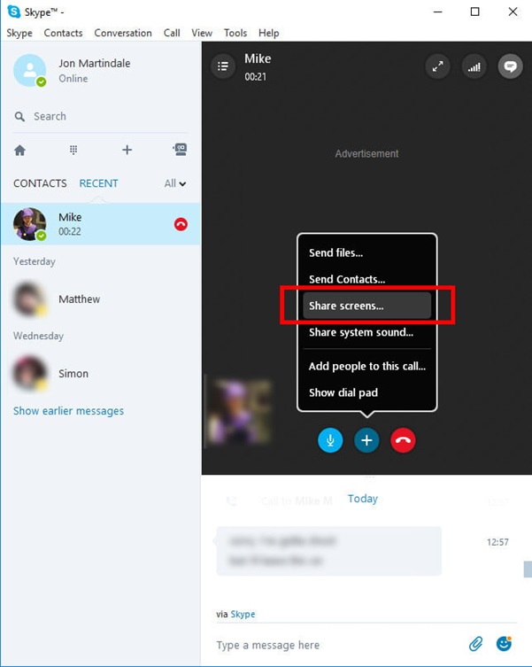 Lựa chọn Share screens để chia sẻ màn hình trên Skype