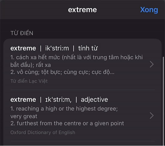 Nghĩa tra từ điển trên iOS 13 - Màn hình 1
