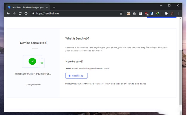 Máy tính hiển thị thông báo Sendhub kết nối thành công với iPhone