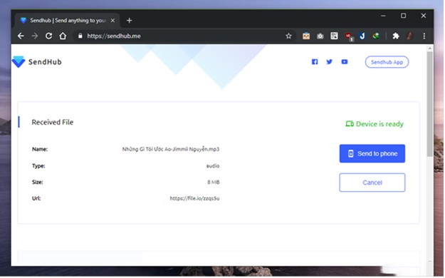 Sau khi đưa dữ liệu vào máy chủ Sendhub, hệ thống sẽ tự động thông báo tải lên