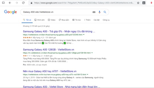 Sử dụng cú pháp “site:” để tìm kiếm các từ khóa trên 1 trang nhất định