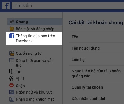 Vào “Cài đặt” -> Chọn mục “Thông tin của bạn trên Facebook”