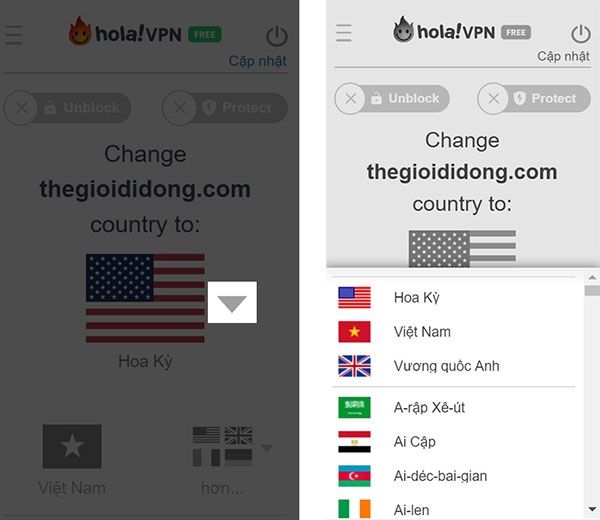 Chọn quốc gia để thay đổi IP