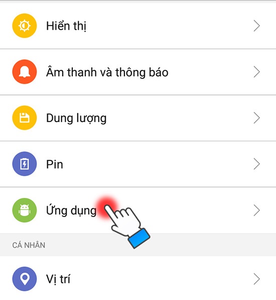 Chọn mục Ứng dụng trong phần Cài đặt