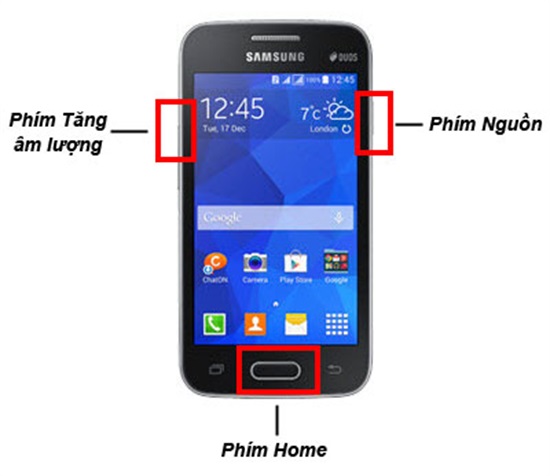 Nhấn giữ đồng thời phím nguồn, phím tăng giảm âm lượng