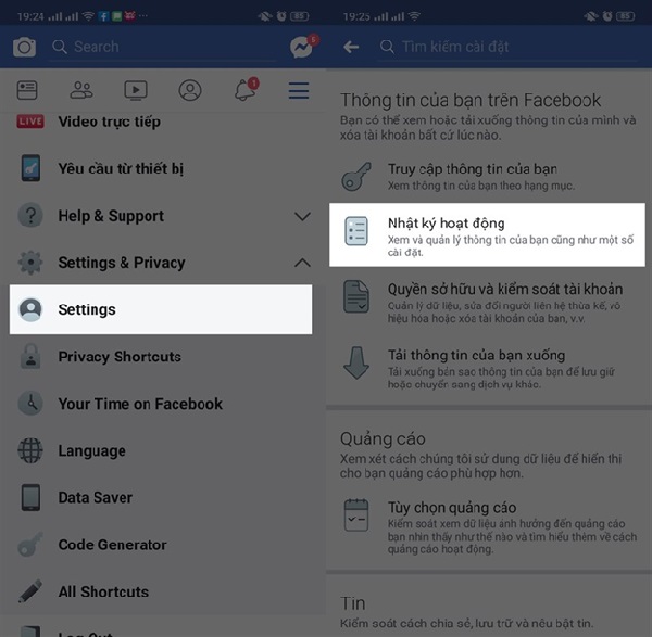 Vào nhật ký hoạt động Facebook trên smartphone