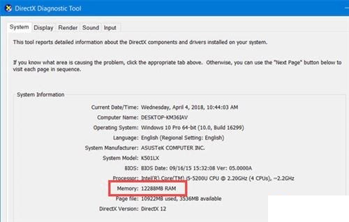 Kiểm tra RAM qua Dxdiag