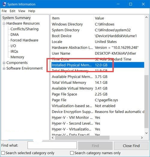 Kiểm tra RAM qua msinfo32