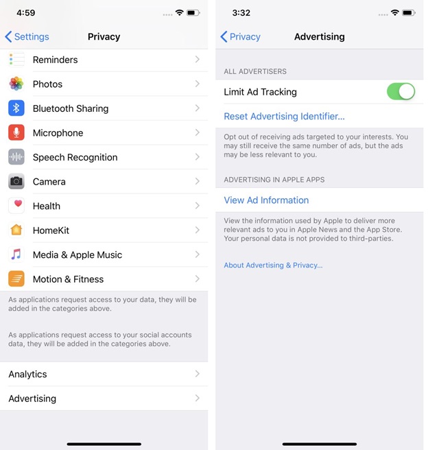 Setting > Privacy > Advertising > Bật tính năng Limit Ad Tracking