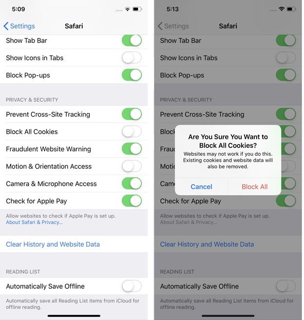 Settings > Chọn Safari > Privacy & Security > Bật Prevent Cross-Site Tracking và Block All Cookies