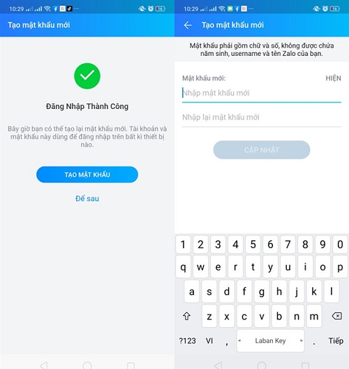 Đặt mật khẩu mới cho tài khoản Zalo