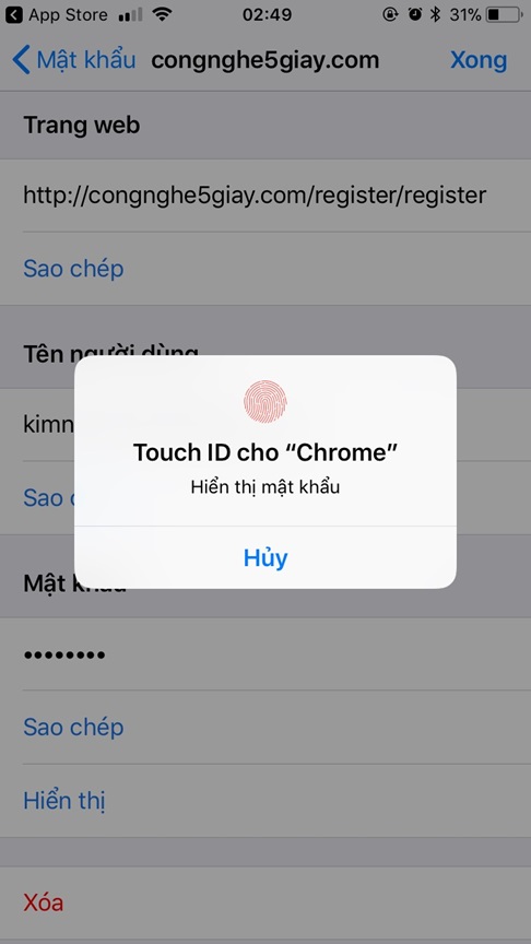 Thực hiện thêm bảo mật bằng vân tay trước khi mật khẩu hiển thị chi tiết