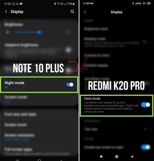 Kích hoạt chế độ tối bằng cách gạt sang phải trong mục Màn hình