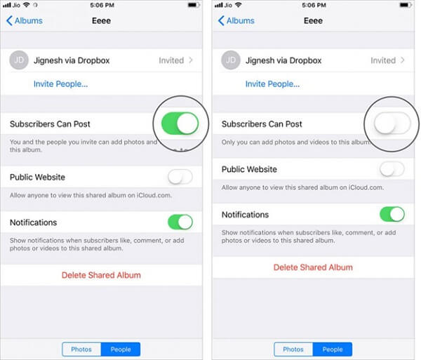 Photos > Album > Shared Albums > People > off Subscribers Can Post.