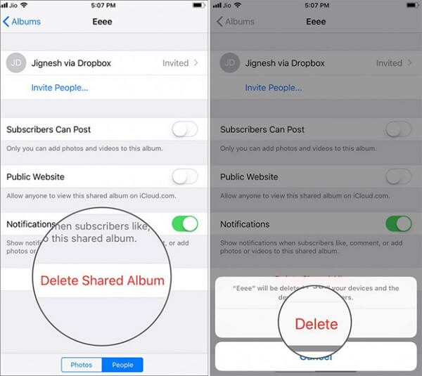 Photos > tab Album > Shared Albums > People > Ấn Delete Shared Album và xác nhận
