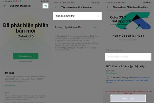 Đăng nhập tài khoản OPPO của bạn vào để đăng ký trải nghiệm sớm ColorOS 7 do OPPO cung cấp.