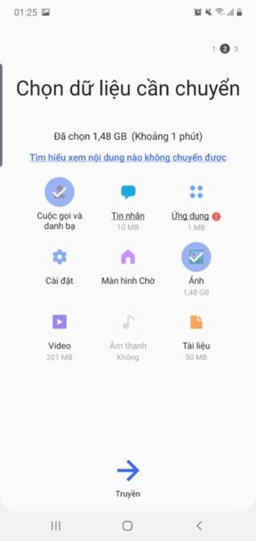 Chọn dữ liệu muốn chuyển và nhấn Truyền