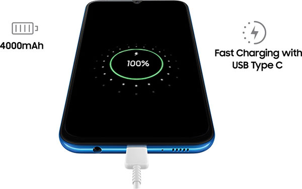 Samsung Galaxy A50 trang bị dung lượng pin 4000 mAh, hỗ trợ sạc nhanh 