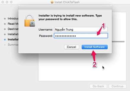 Bạn nhập mật khẩu tài khoản Admin trên thiết bị và nhấn chọn Install Solfware