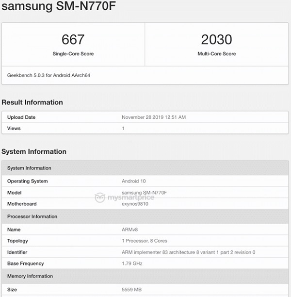 Chấm điểm hiệu năng Galaxy Note 10 Lite trên Geekbench