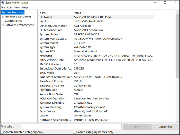 Xem các thông số tại cửa sổ System Information
