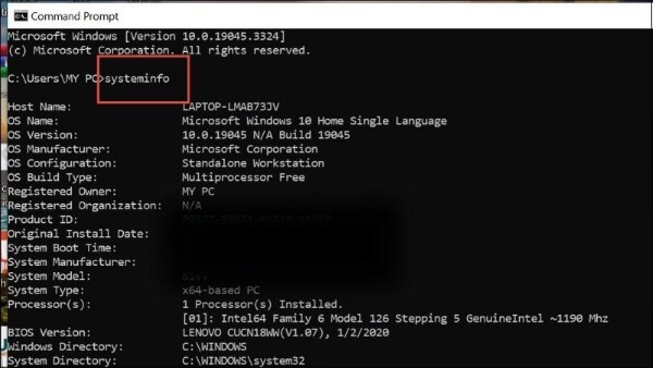 Nhập systeminfo > Enter