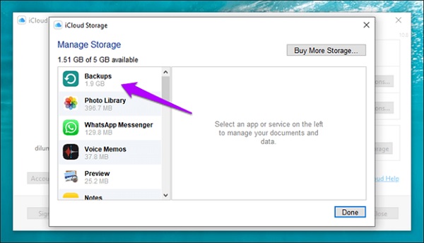 Bước 3: Chọn Backups (tương tự như với trên máy tính Mac)