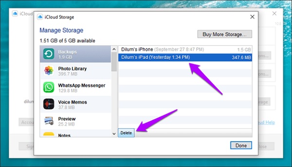 Bước 4: Chọn bản backup iCloud cần xóa > Nhấn Delete