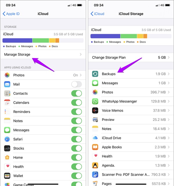 Bước 2: Chọn Manage Storage > Chọn Backups ở tab mới
