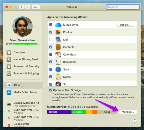 Bước 3: Chọn Manaage cạnh thanh thống kế dung lượng iCloud