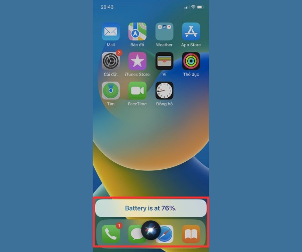 Siri sẽ đọc to hoặc hiển thị phần trăm pin còn lại trên màn hình