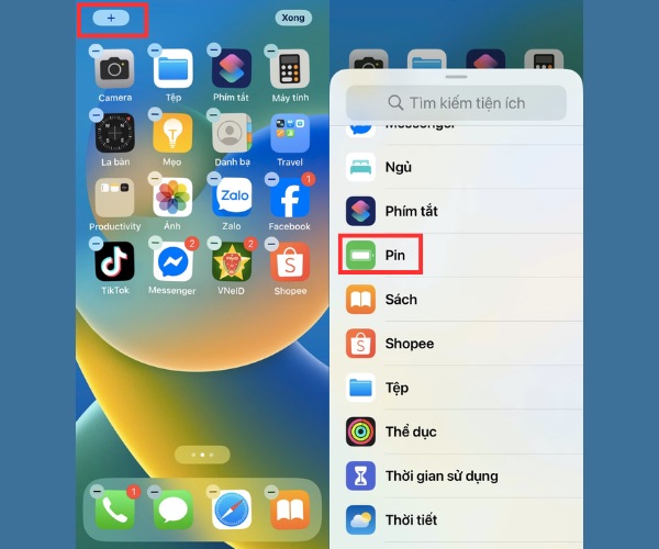 Truy cập mục pin trong giao diện thêm widget