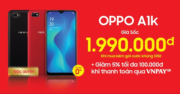 OPPO A1k giảm 1,2 triệu đồng khi mua kèm gói cước