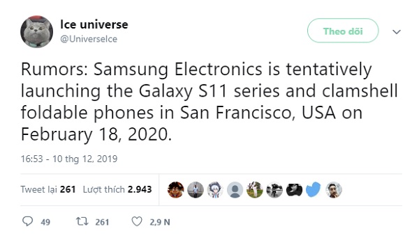Samsung Galaxy S11 dự kiến ra mắt ngày 18/2/2020 tại San Fancisco, Mỹ